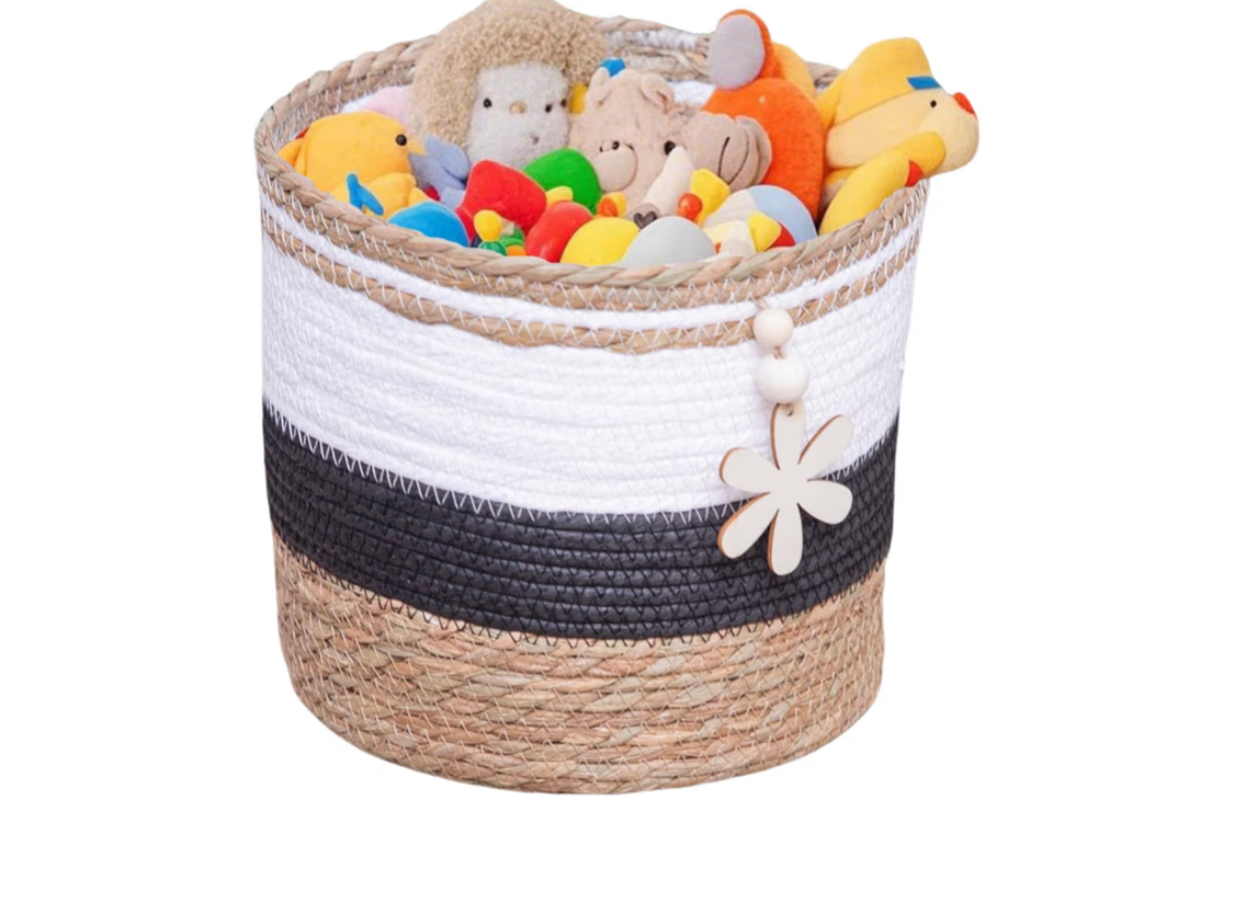 Decorative woven wicker storage basket, made from natural paper, wooden basket with snowflake design for blankets, toys, clothes, shoes, plant organizer, storage container.