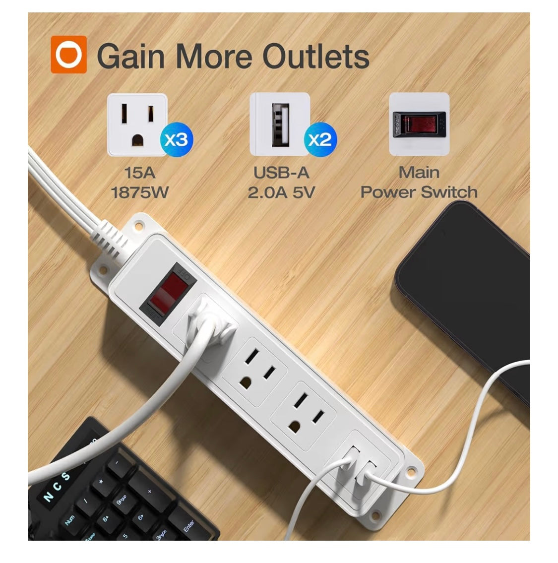 Addlon Flat socket strip with ultra-thin wall plate, 6-foot flat extension cable with 3 standard 15A outputs and 2 USB ports, electrocution protection, includes 2 sets of fixing clips, ETL certification