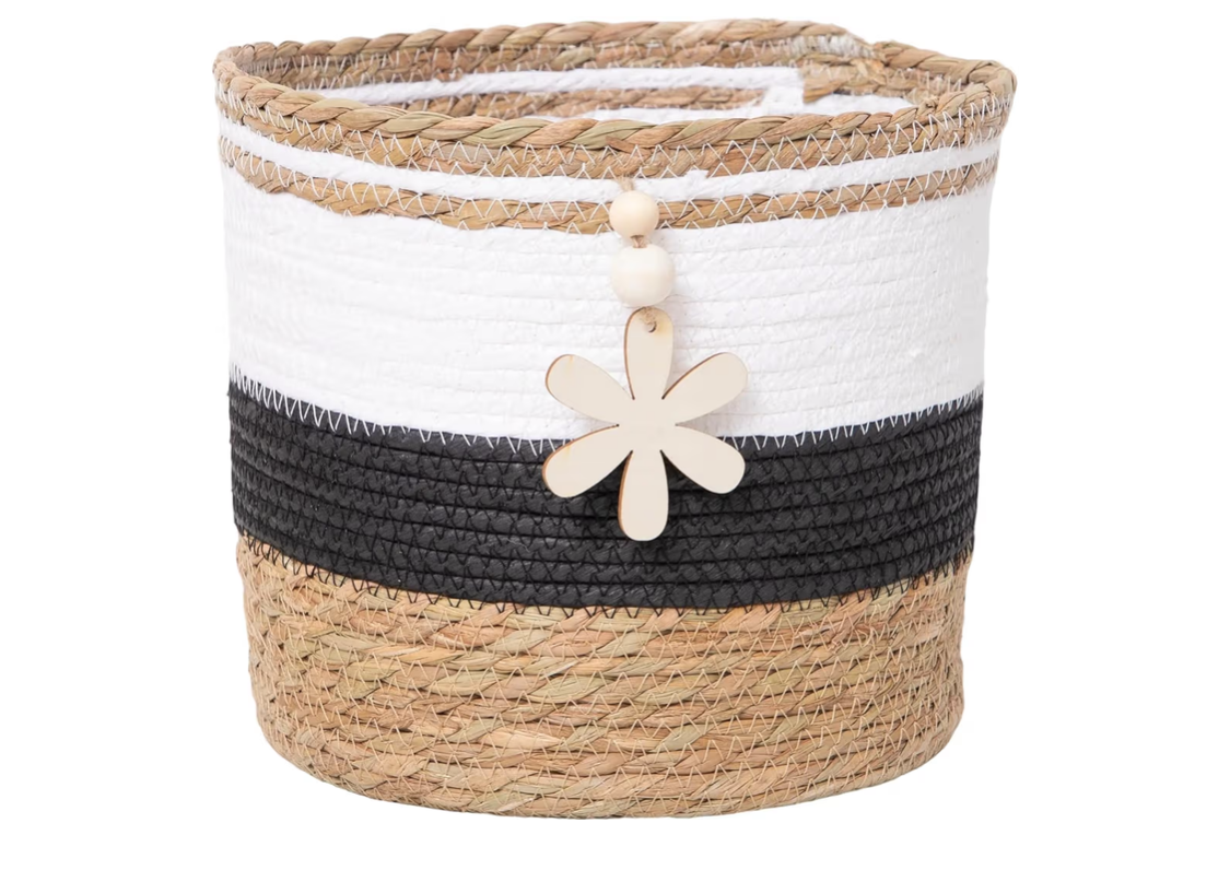 Decorative woven wicker storage basket, made from natural paper, wooden basket with snowflake design for blankets, toys, clothes, shoes, plant organizer, storage container.