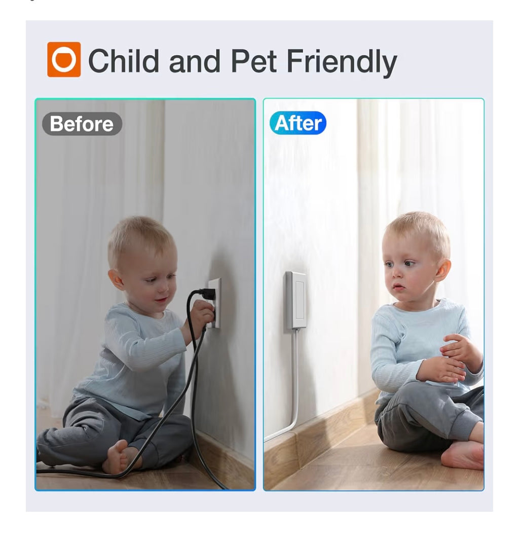 Addlon Flat socket strip with ultra-thin wall plate, 6-foot flat extension cable with 3 standard 15A outputs and 2 USB ports, electrocution protection, includes 2 sets of fixing clips, ETL certification