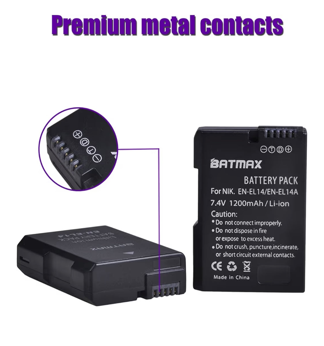 Batmax EN-EL14 EN-EL14a Battery (pack of 2) and compact USB dual LCD charger for Nikon D5500, D5300, D3300, D5100, D5200, D3100, Nikon Df, D3200, P7100, P7700