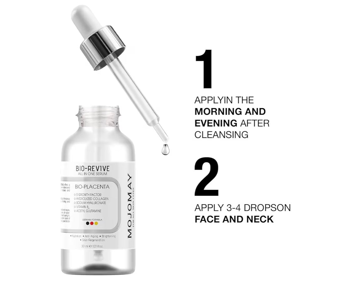 BIO-REVIVE ALL IN ONE SERUM
BIO-PLACENTA
0 5 GROWTH FACTOR
O HYDROLYZED COLLAGEN O SODIUM HYALURONATE
O VITAMIN B, O ACETYL GLUTAMINE
GERMAN FORMULA
• Hydration • Anti-Aging • Brightening
• Skin-Regeneration
30 ml e 1,01 floz