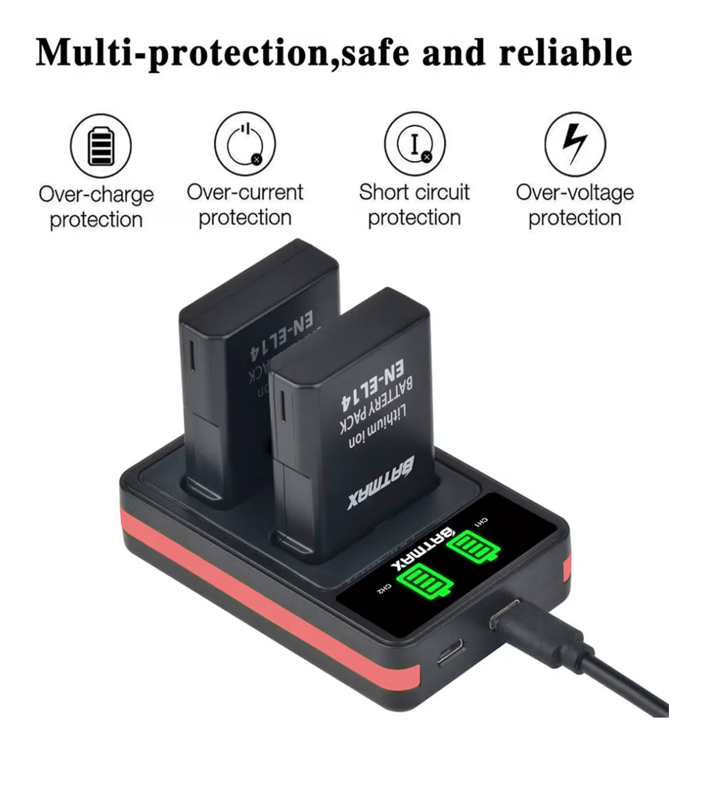 Batmax EN-EL14 EN-EL14a Battery (pack of 2) and compact USB dual LCD charger for Nikon D5500, D5300, D3300, D5100, D5200, D3100, Nikon Df, D3200, P7100, P7700