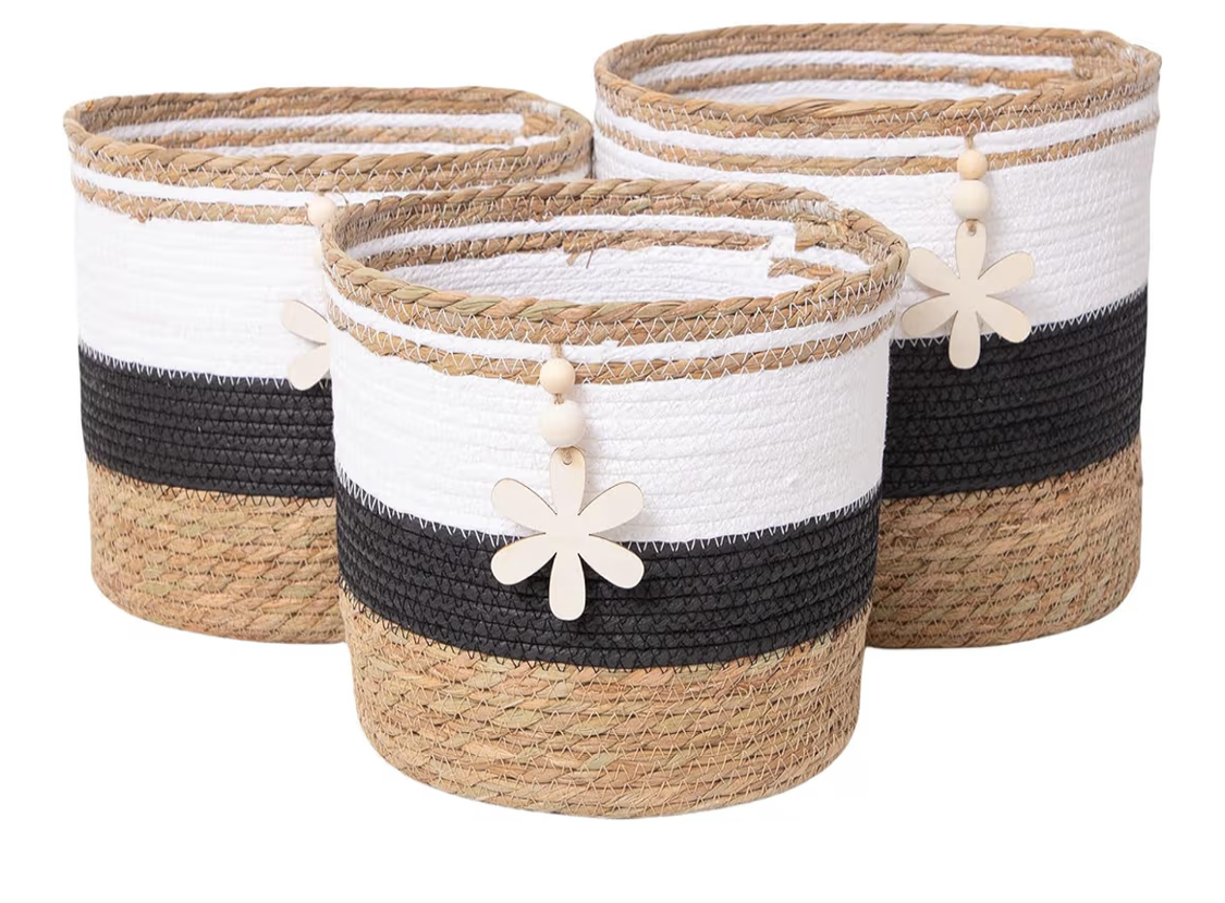 Decorative woven wicker storage basket, made from natural paper, wooden basket with snowflake design for blankets, toys, clothes, shoes, plant organizer, storage container.