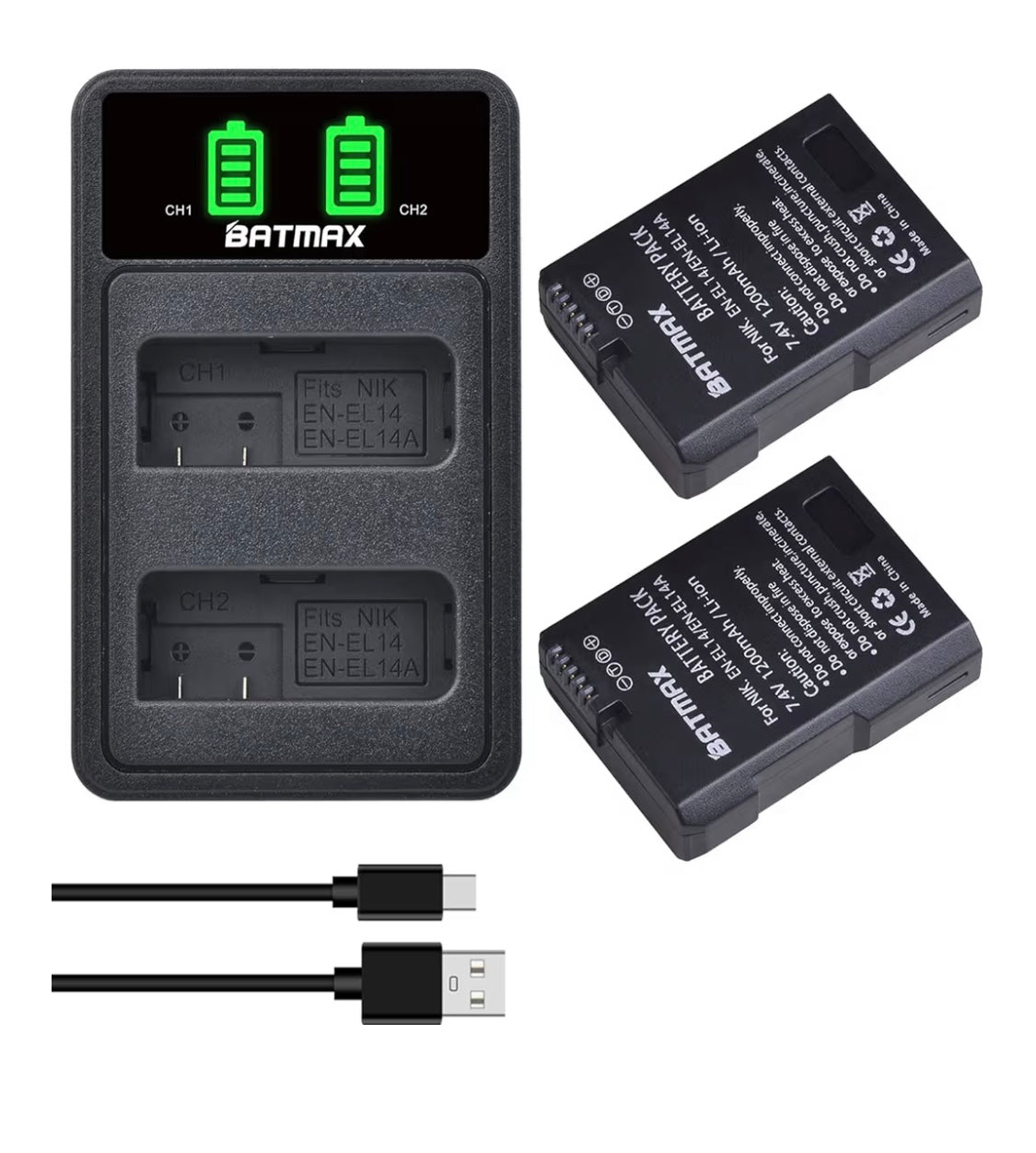 Batmax EN-EL14 EN-EL14a Battery (pack of 2) and compact USB dual LCD charger for Nikon D5500, D5300, D3300, D5100, D5200, D3100, Nikon Df, D3200, P7100, P7700