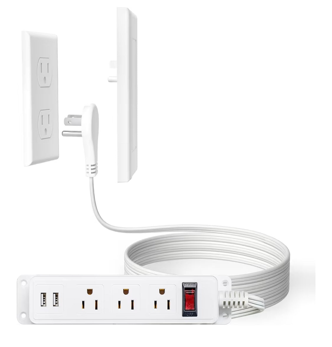Addlon Flat socket strip with ultra-thin wall plate, 6-foot flat extension cable with 3 standard 15A outputs and 2 USB ports, electrocution protection, includes 2 sets of fixing clips, ETL certification