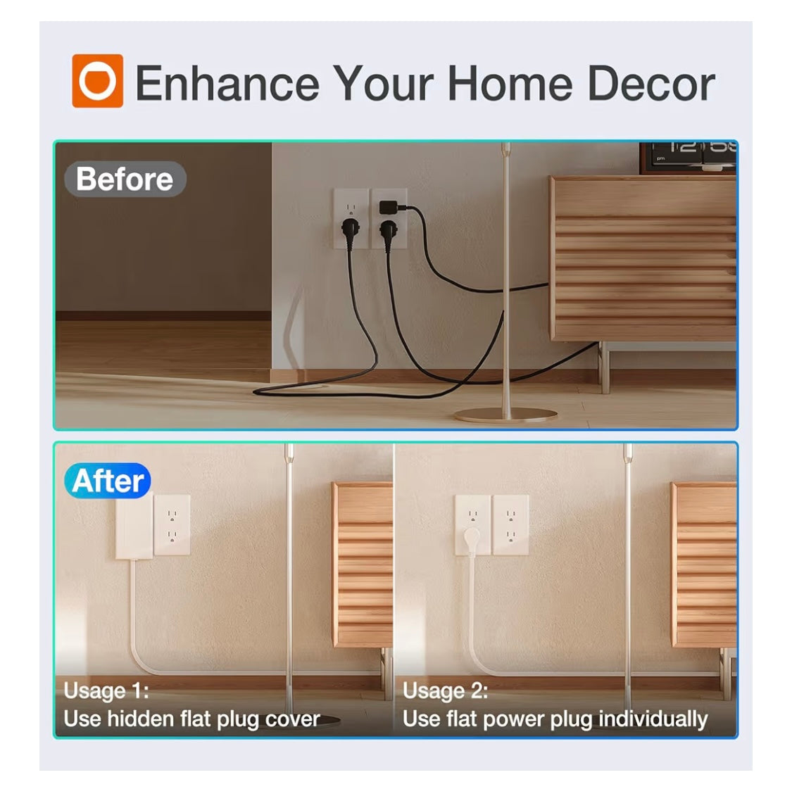 Addlon Flat socket strip with ultra-thin wall plate, 6-foot flat extension cable with 3 standard 15A outputs and 2 USB ports, electrocution protection, includes 2 sets of fixing clips, ETL certification
